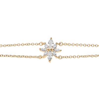 Bracelet en plaqué or double chaîne avec motif fleur et oxydes blancs 16+3cm