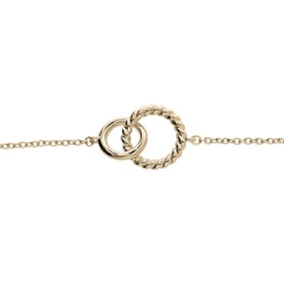 Bracelet en plaqué or chaîne avec double anneaux entremelés lisse et torsade 16+3cm