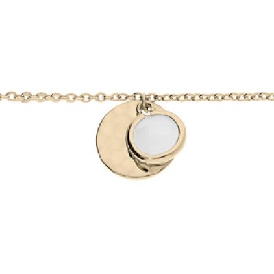 Bracelet en plaqué or chaîne avec pampilles martelée et pierre facetée blanche opaque 16+2cm