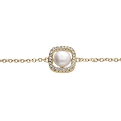 Bracelet en plaqué or chaîne avec carré oxydes blancs avec Perle de culture d'eau douce blanche 16+3cm