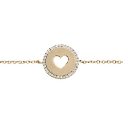 Bracelet en plaqué or chaîne avec médaillon motif coeur ajourée contour oxydes blancs 16+2cm