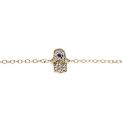 Bracelet en plaqué or main de Fatma pavée d'oxydes blancs et bleu sertis 16+3cm