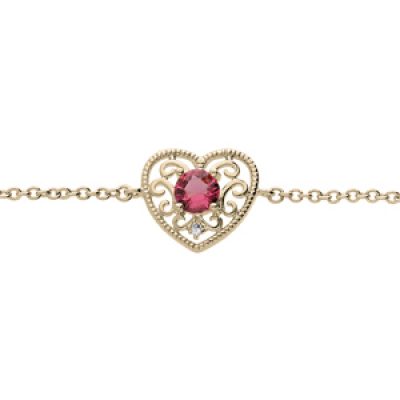 Bracelet en plaqué or chaîne avec coeur ajourée oxyde fushia 16+2cm
