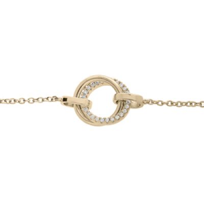 Bracelet en plaqué or chaîne avec double cercle lisse et scintillant oxydes blancs sertis 16+2cm
