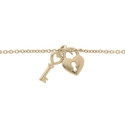Bracelet en plaqué or chaîne avec clef et cadenas lisse 16+2cm