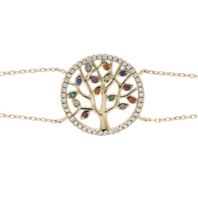 Bracelet en plaqué or double chaîne avec arbre de vie oxydes multi couleurs sertis 16+3cm