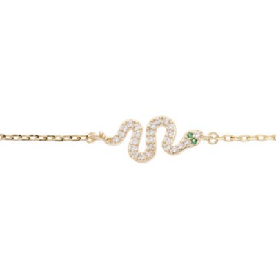Bracelet en plaqué or chaîne avec serpent oxydes blancs et verts sertis 16