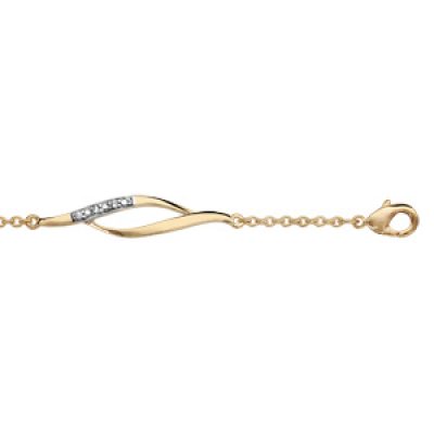 Bracelet en plaqué or chaîne avec 3 motifs 2 brins tournants dont 1 orné d'oxydes blancs sertis - longueur 16cm + 2