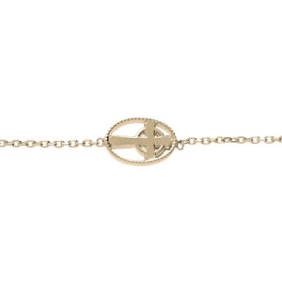 Bracelet en plaqué or chaîne avec avec pastille ovale motif croix 16+2cm