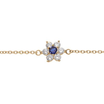 Bracelet en plaqué or chaîne avec marguerite oxydes centre bleu foncé et contour blancs sertis 16.5+2cm
