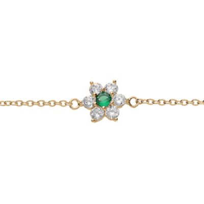 Bracelet en plaqué or chaîne avec marguerite oxydes centre vert foncé et contour blancs sertis 16+2.5cm