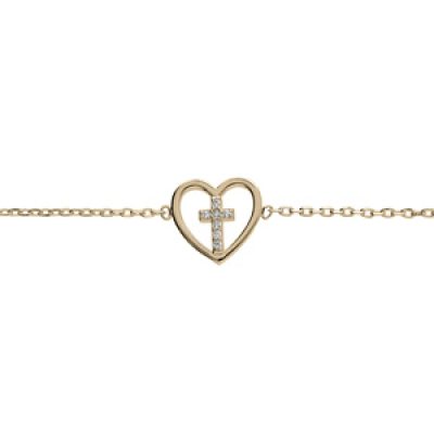 Bracelet en plaqué or chaîne avec coeur avec croix oxydes blancs sertis 18cm réglable 16