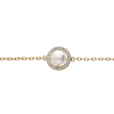 Bracelet en plaqué or chaîne avec Perle de culture d'eau douce contour oxydes blancs 18cm réglable 16