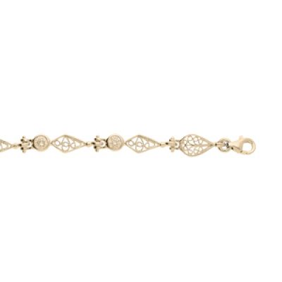 Bracelet en plaqué or oxydes blancs sertis et motifs navettes filigranes 16+3cm