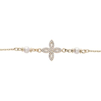 Bracelet en plaqué or chaîne avec fleur oxydes blancs sertis et perles blanches de synthèse 19+3cm