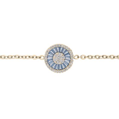 Bracelet en plaqué or chaîne avec rond en oxydes bleus et contour oxydes blancs sertis 16+3cm