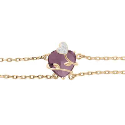 Bracelet en plaqué or double chaîne avec coeur oxyde violet motif volute 16+3cm