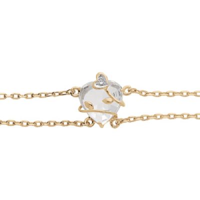 Bracelet en plaqué or double chaîne avec coeur oxyde blanc motif volute 16+3cm