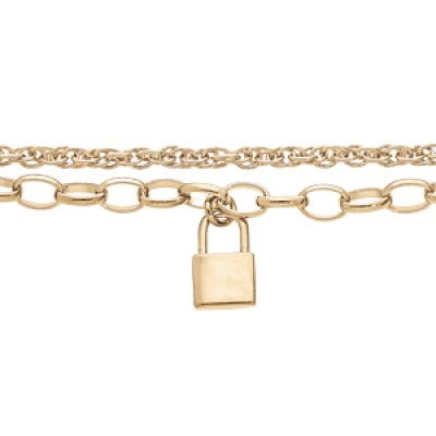 Bracelet en plaqué or double chaîne avec pampille cadenas lisse 17+3cm