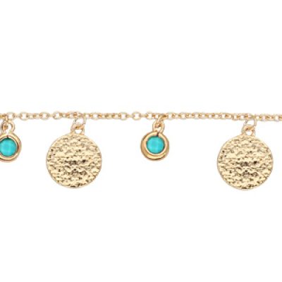 Bracelet en plaqué or chaîne avec pampilles pierres couleur turquoise et pastilles antiques 15+4cm