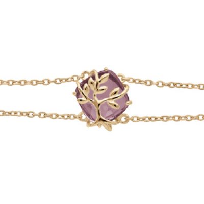 Bracelet en plaqué or double chaîne avec oxyde violet motif arbre de vie 16+3cm