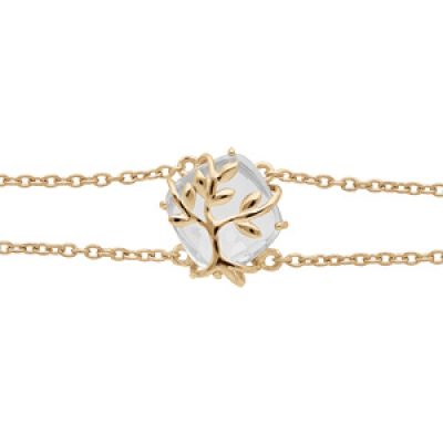 Bracelet en plaqué or double chaîne avec oxyde blanc motif arbre de vie 16+3cm