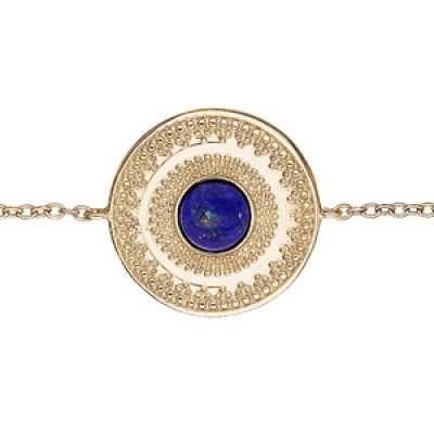 Bracelet en plaqué or chaîne avec pastille ronde et Lapis Lazuli véritable 16+2cm