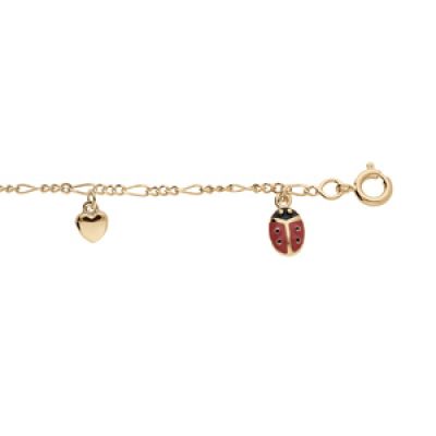 Bracelet enfant en plaqué or chaîne avec pampilles coccinelles rouges et coeurs 14+2cm