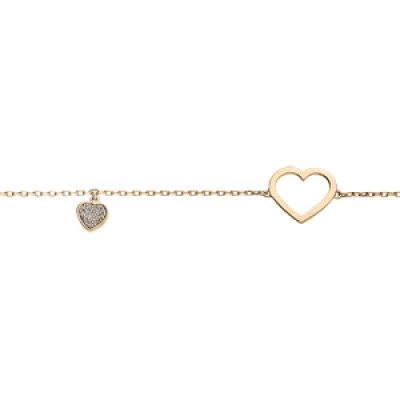 Bracelet en plaqué or chaîne avec coeur évidé et pampille coeur oxydes blancs sertis 16+3cm