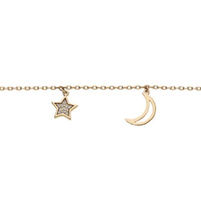 Bracelet en plaqué or chaîne avec pampilles lune et étoile oxydes blancs sertis 16+3cm