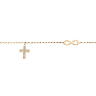 Bracelet en plaqué or chaîne avec infini et pampilles croix oxydes blancs sertis 16+3cm