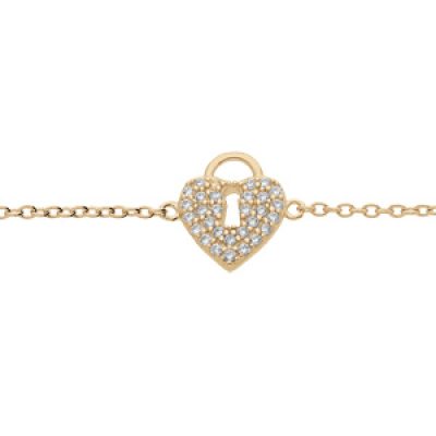 Bracelet en plaqué or chaîne avec cadenas coeur pavé d'oxydes blancs 16+2cm