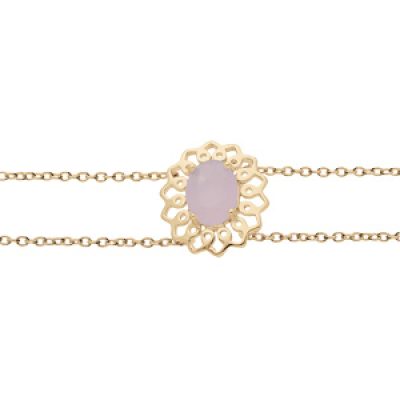 Bracelet en plaqué or double chaîne avec motif fleur et pierre rose 16+3cm