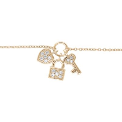 Bracelet en plaqué or chaîne avec breloques cadenas coeur clefs et oxydes blancs 16+2cm