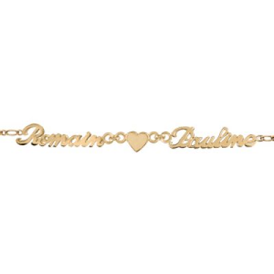 Bracelet en plaqué or chaîne mailles 1+1 largeur 2mm avec découpe anglaise 2 prénoms séparés par un coeur - longueur 18