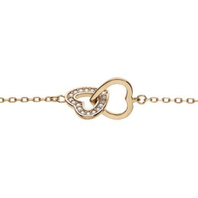 Bracelet en plaqué or chaîne avec 2 coeurs entrelacés lisse et avec oxydes blancs sertis 16+3cm