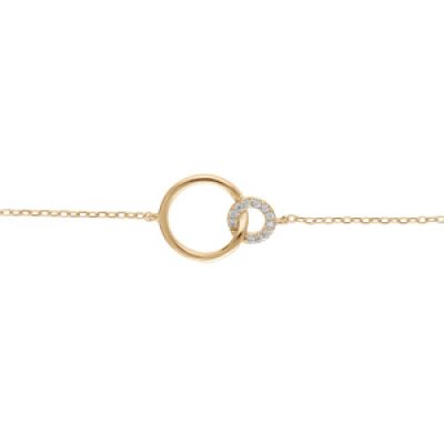 Bracelet en plaqué or chaîne avec 2 anneaux avec oxydes blancs sertis et 1 lisse 16+3cm