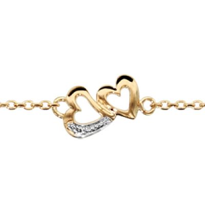 Bracelet en plaqué or chaîne avec 2 petits coeurs découpés et ouvragés au milieu - longueur 16cm + 3cm de rallonge