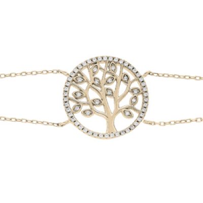 Bracelet en plaqué or double chaîne avec arbre de vie oxydes blancs sertis 16+3cm