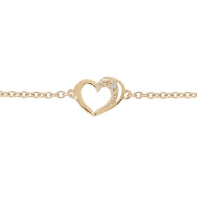 Bracelet en plaqué or chaîne avec coeur et oxydes blancs sertis 15+3cm