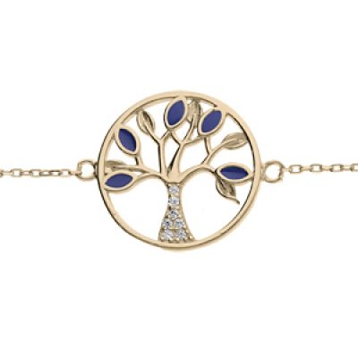 Bracelet en plaqué or chaîne avec arbre de vie oxydes bleus et blancs sertis 16+3cm