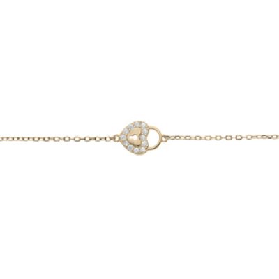 Bracelet en plaqué or chaîne avec coeur et cadenas oxydes blancs sertis 16+3cm