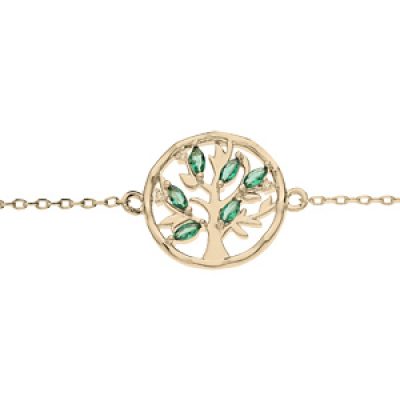 Bracelet en plaqué or chaîne avec arbre de vie et oxydes vert 16+3cm