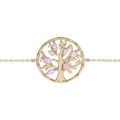 Bracelet en plaqué or chaîne avec arbre de vie oxydes roses 16+3cm
