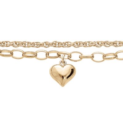Bracelet en plaqué or double chaîne avec pampille coeur bombé lisse 17+3cm