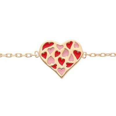 Bracelet en plaqué or chaîne avec pastille coeur rose et rouge réglable 16 et 18cm
