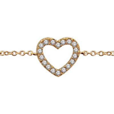 Bracelet en plaqué or chaîne avec coeur épais ajouré orné d'oxydes blancs - longueur 15