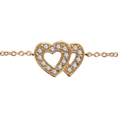 Bracelet en plaqué or chaîne avec au milieu 2 coeurs superposés évidés et ornés d'oxydes blancs sertis - longueur 16cm + 2cm de rallonge