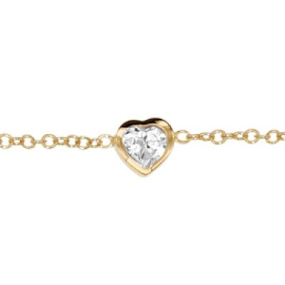 Bracelet en plaqué or chaîne avec au milieu 1 oxyde blanc en forme de coeur sertis clos - longueur 16cm + 3cm de rallonge
