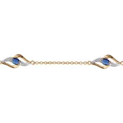 Bracelet en plaqué or chaîne avec 3 motifs 2 brins torsadés dont 1 lisse et l'autre orné d'oxydes blancs et 1 oxyde bleu foncé au milieu - longueur 16cm + 3cm de rallonge
